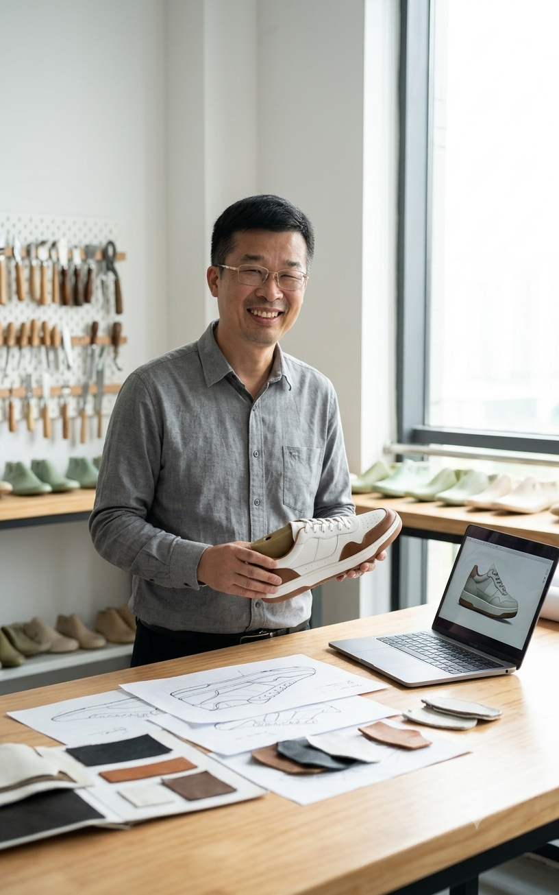 CHIN, founder of STARCORE LABS, reviewing a footwear prototype, sketches and materials in a product development studio